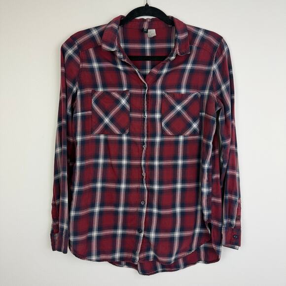H&M Divided Womens Long Sleeve Hi-Lo Hem Cotton Button-Up Red/Navy Plaid Shirt 4 - Picture 1 of 10